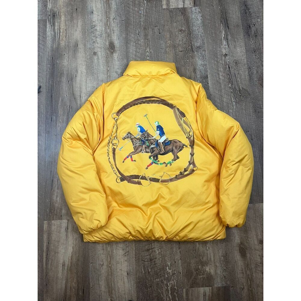 Polo Ralph Lauren Equestrian Down Puffer Jacket Yellow Embroidered L Coat NWOT